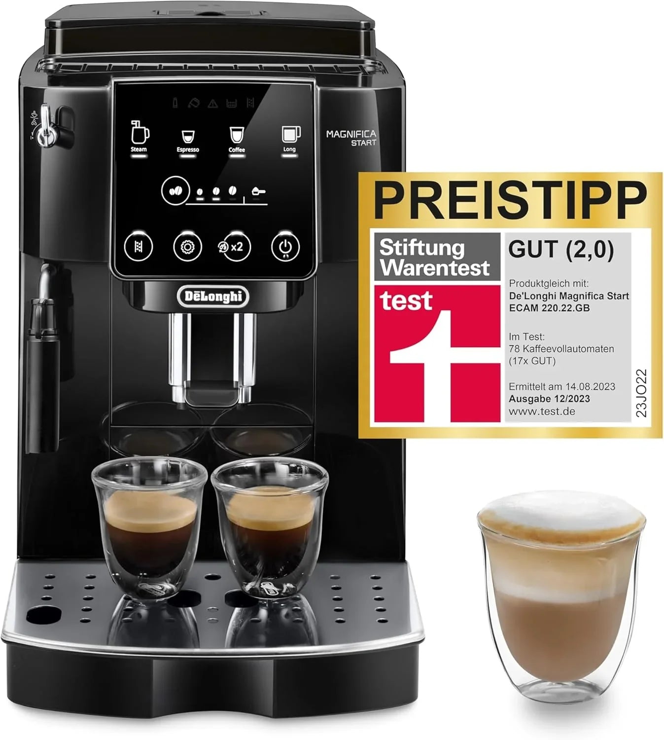 De'Longhi Magnifica S Smart ECAM 230.13.B Kaffeevollautomat mit Milchaufschäumdüse für Cappuccino, Espresso-, Kaffee- und Long Coffee Direktwahltasten und Drehregler, 2-Tassen-Funktion, Schwarz(Mit Touch-Display/Kaffeevollautomat)