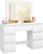 WOLTU MB6124ws Toaletka z oświetleniem i wieloma gniazdkami, toaletka z dużym lustrem LED i 7 szufladami, biurko do makijażu, 110 x 39,5 x 140,5 cm, biała nowoczesna komoda do sypialni