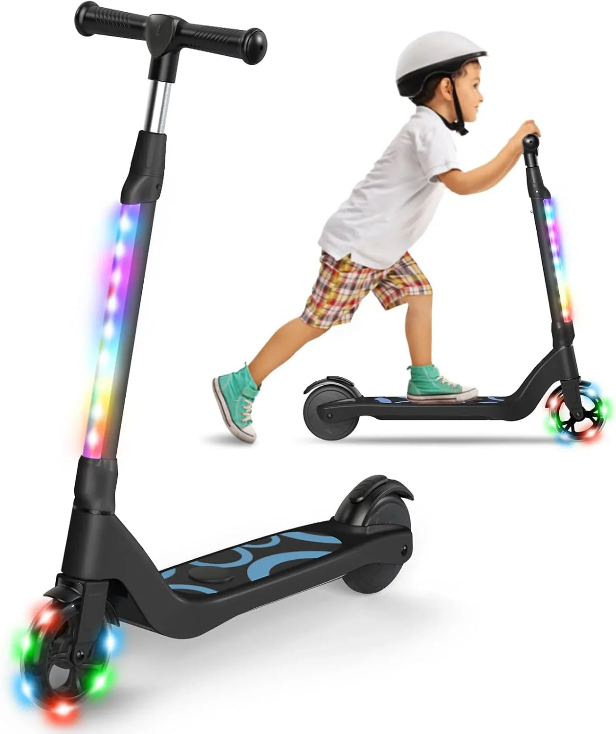 SISIGAD Elscooter för barn 6-12 år, 5,3 tum, med blinkande LED-lampor och 3 justerbara höjder, maximal belastning 10 km/h, 45W motor, maximal belastning 70 kg(black -1)